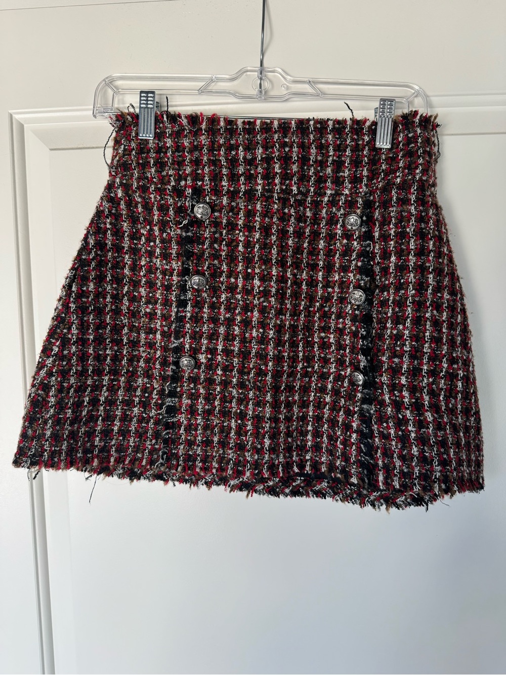 Zara Red and Black Tweed Button-Front Mini Skirt